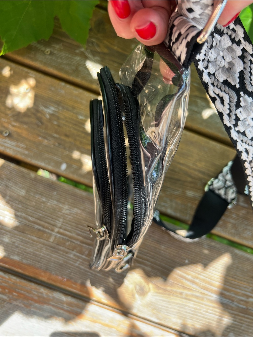 Clear PVC Mini crossbody with Black Trim and Patterned Strap - Picture 4 of 7